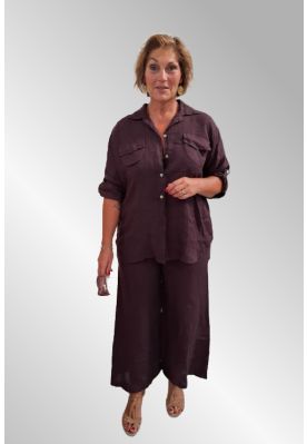 Aubergine hør sæt, bukser og skjorte