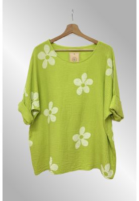 Lime bomulds bluse med print i gaze kvalitet, Rem flower