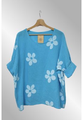 Turkis bomulds bluse med print i gaze kvalitet, Rem flower