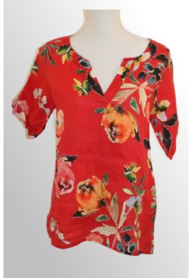 Rød hør bluse med print, Yvonne