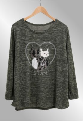 Grøn meleret bluse med kat, H271