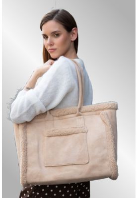 Råhvid shopper med teddy kant, A421