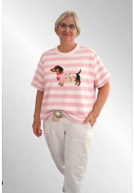 Rosa Stribet T-Shirt med gravhund, 26152