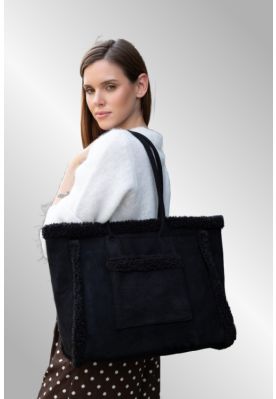 Sort shopper med teddy kant, A421