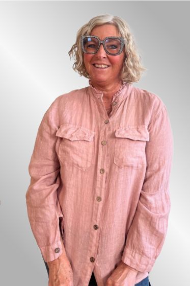 Rosa hørskjorte med krøllekrave 20008-2