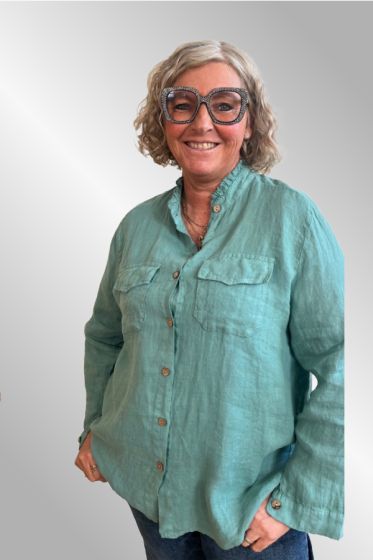 Grøn hørskjorte med krøllekrave 20008-3