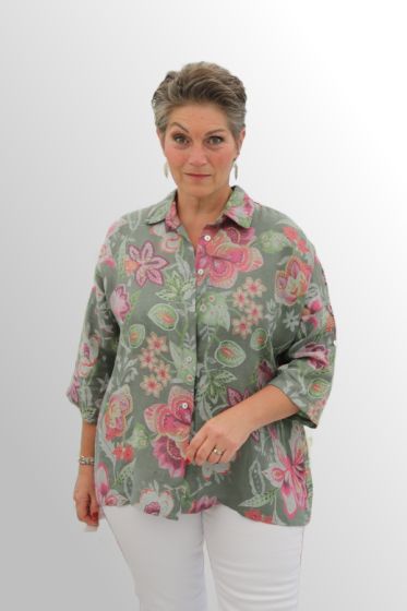 Grøn hør skjorte med print, Lisbeth