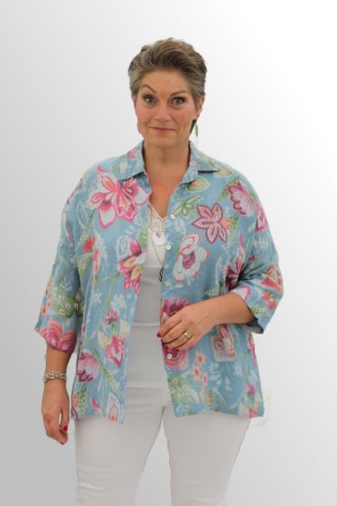 Blå hør skjorte med print, Lisbeth