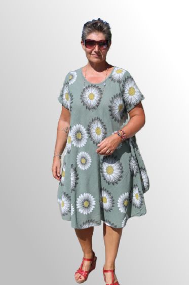 Khaki grøn bomuldskjole, Cath Flower 90