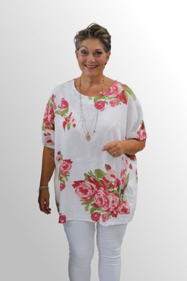 Hvid hørbluse med print, 91320DE