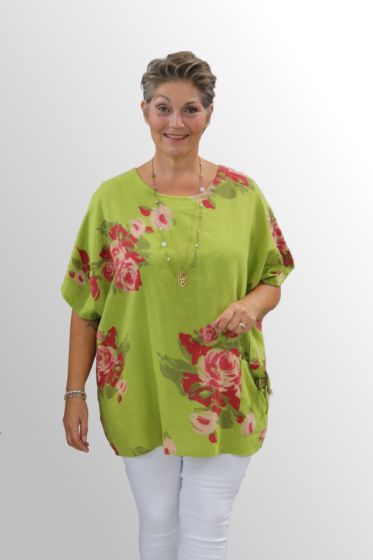 Grøn hørbluse med print, 91320DE