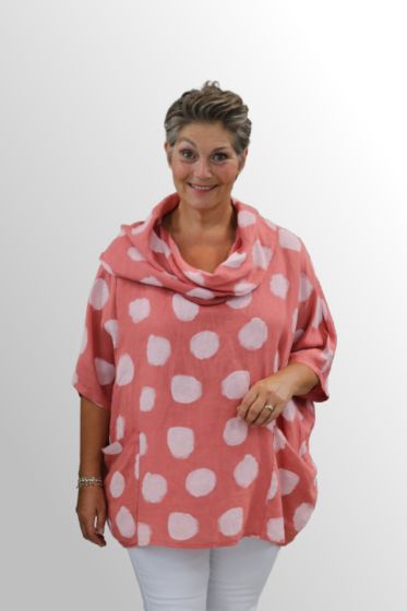 Teglfarvet dot poncho hør bluse med krave, Ronja