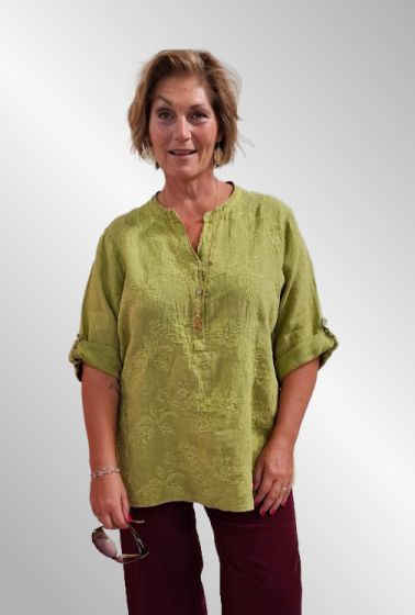 Oliven hørskjorte med broderi, SB 1913