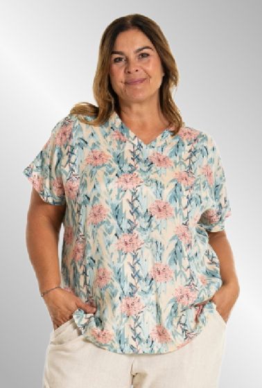 Lyseblå/rosa blomstret viskose bluse, G253050