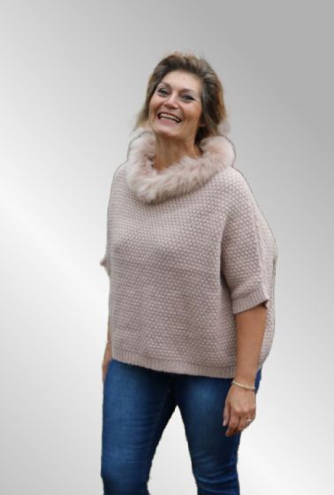 Poncho med pelskant, Baunbæk 30727 sart rosa