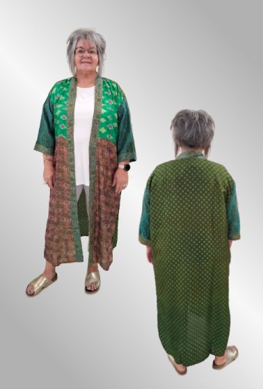 Grøn / brun silke kimono, Wauw, lang 410
