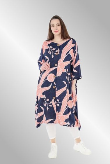 Mørk blå Skjorte kjole med rosa print, AKH 5554