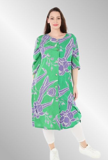 Grøn skjorte/kjole med lilla blomsterprint, AKH5554 Mahio