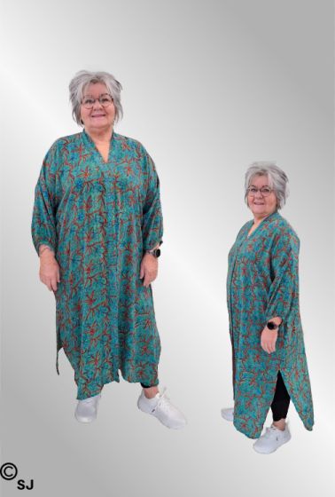 Grøn / blå silke skjortekjole / kaftan, Kort Relove, Unika 762