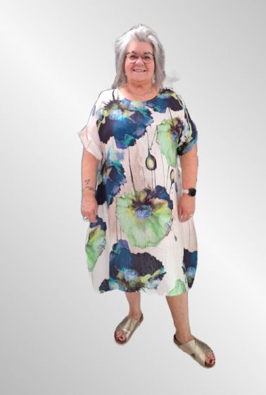 Hvid kjole med grønne/blå blomster, 090017-7-2