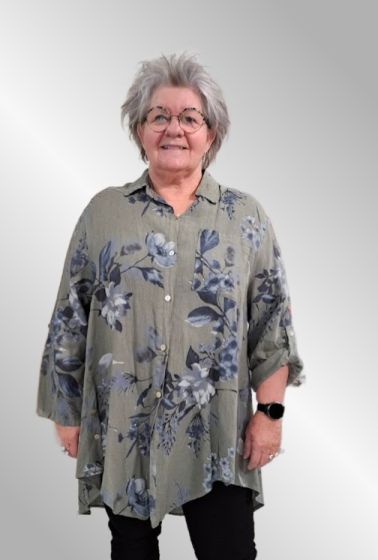 Lang kahki grøn hør/viskose skjorte, Noeline