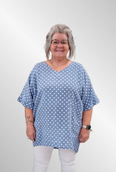 Lys blå hør tunika bluse med prikker, Happy d 21