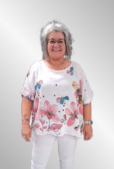 Hvid hør bluse med print, Iris