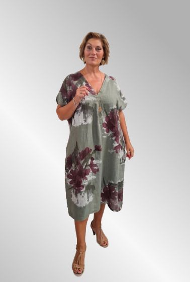 Khakigrøn hørkjole med print, Matilde