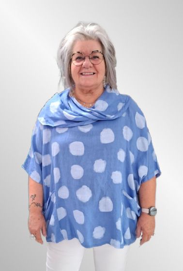 Blå dot poncho hør bluse med krave, Ronja