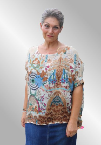 Beige hør bluse md print, Mauntains