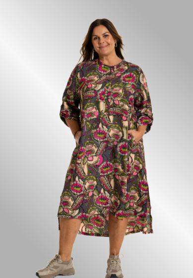 Viskose kjole pink / oliven print 244055