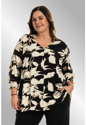 Sort skjorte/bluse med råhvid bladmønster, G245034