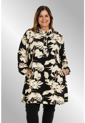 Sort skjorte/tunika med råhvid bladmønster, G245035