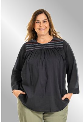 Sort bomuldsbluse med smock, G251033