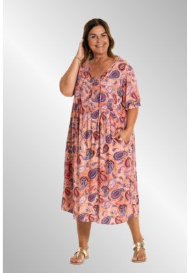 Sommerkjole i coral med paisly mønster, G253008