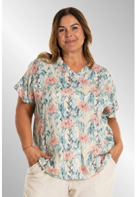 Lyseblå/rosa blomstret viskose bluse, G253050