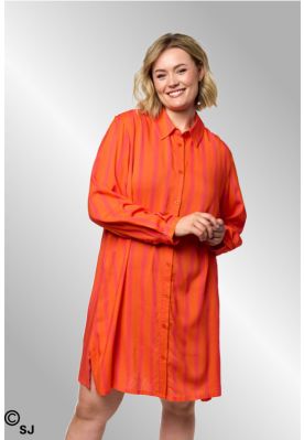 Orange lang viskose skjorte med pink striber, G262023