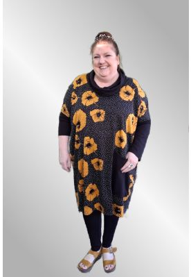 Sort tunika med hængekrave, gule blomster, AKH 6807-2