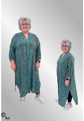 Gr&oslash;n / bl&aring; silke skjortekjole / kaftan, Kort Relove, Unika 762