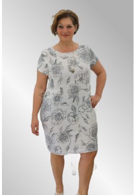 Hvid hør kjole med blå print, Mia Margot, 3353