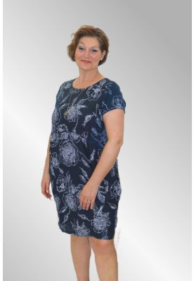Mørk blå hør kjole med hvid print, Mia Margot, 3353