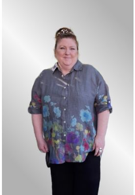 Grå hørskjorte med print, 20090G