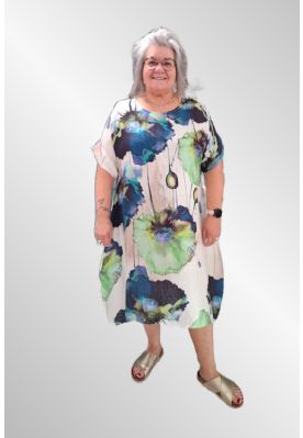 Hvid kjole med grønne/blå blomster, 090017-7-2