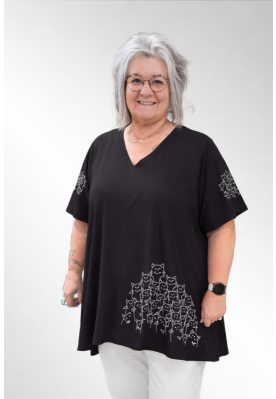 Sort viskose tunika med broderet katte, Angel 1745. Størrelse 3