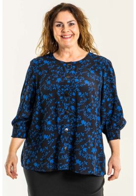 Sort bluse med blå print, Ingelise, G226041