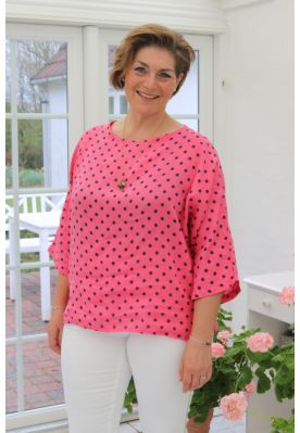 Prikket hørbluse, hindbær rød med blå, Sandra dot