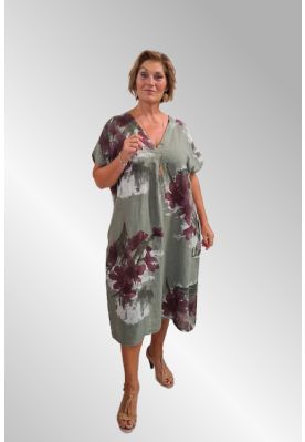 Khakigrøn hørkjole med print, Matilde