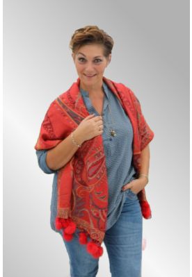 Stort lækkert tørklæde med pon pon, rød