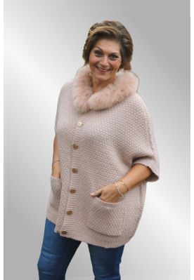 Poncho / cardigan med pelskant, Baunbæk 30753, sart rosa