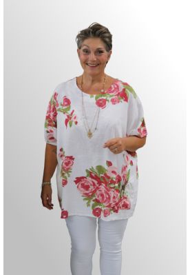 Hvid hørbluse med print, 91320DE